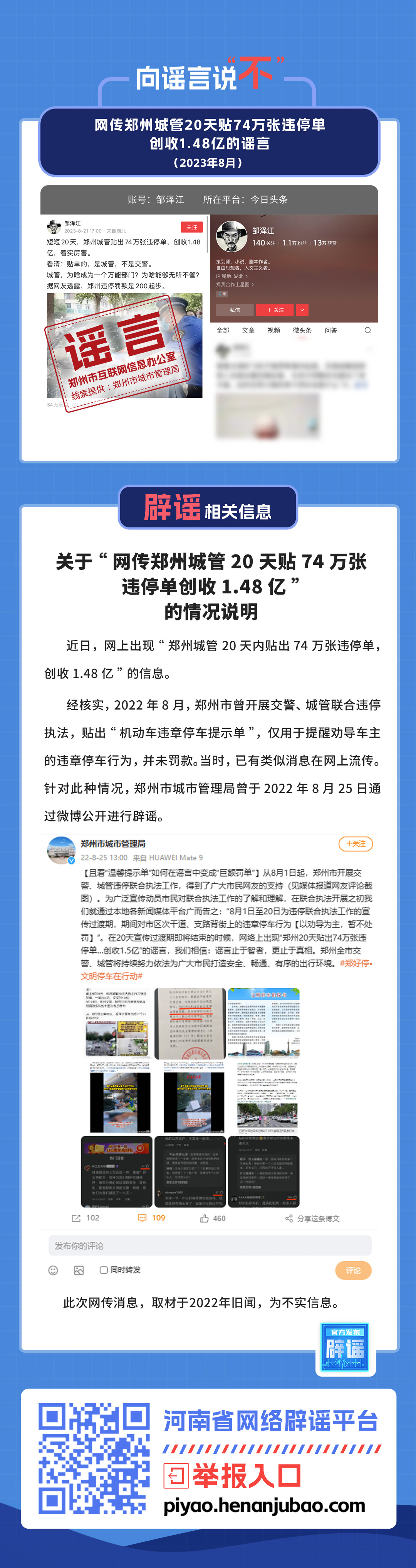 网传郑州城管20天贴74万张违停单创收1.48亿的谣言