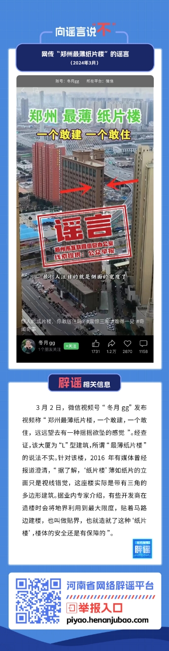 网传“郑州最薄纸片楼”的谣言