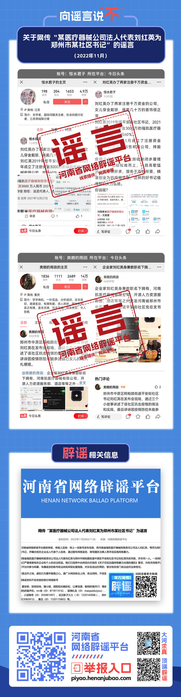 关于网传“某医疗器械公司法人代表刘红英为郑州市某社区书记”的谣言